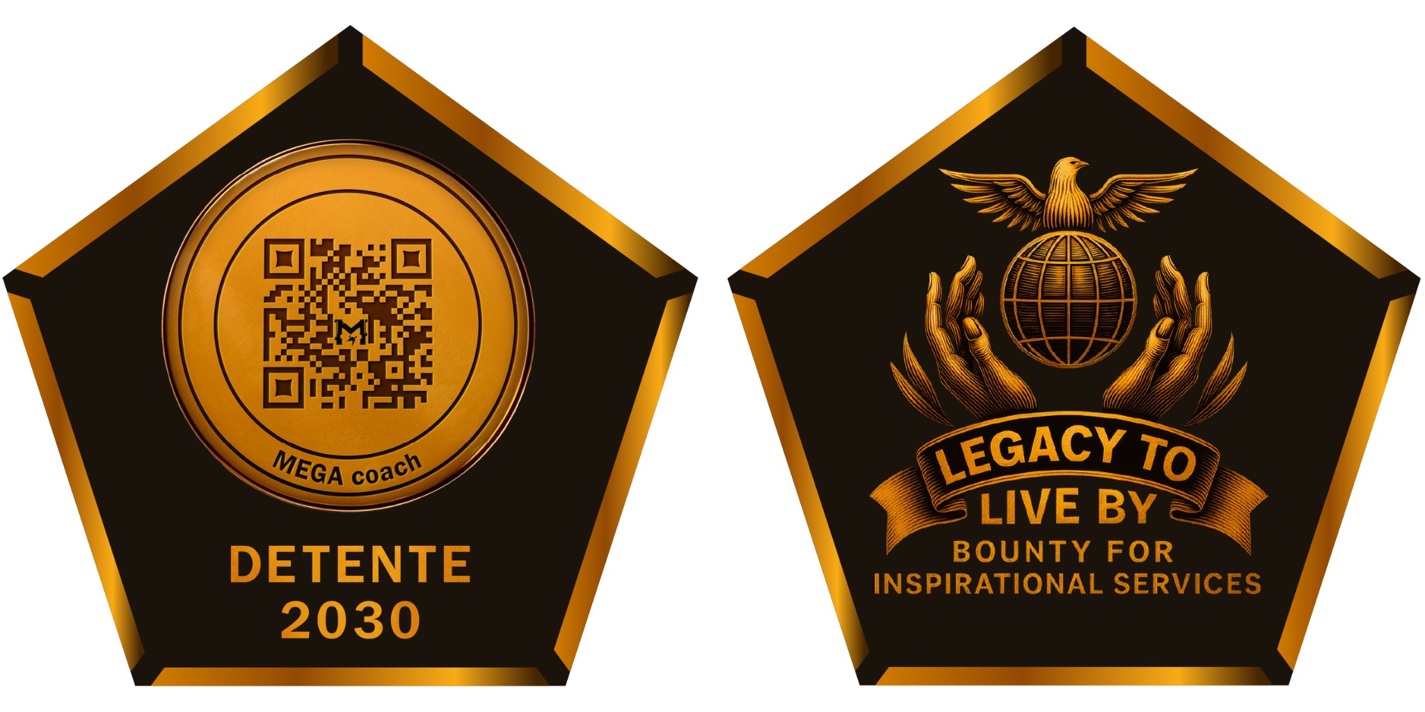 Legacy to Live By side of the Peace Pentagon Penny with hands, globe, eagle, and Bounty for Inspirational Services